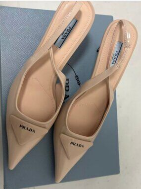 Prada Nude Patent Leather Triangle Logo Slingback Pumps